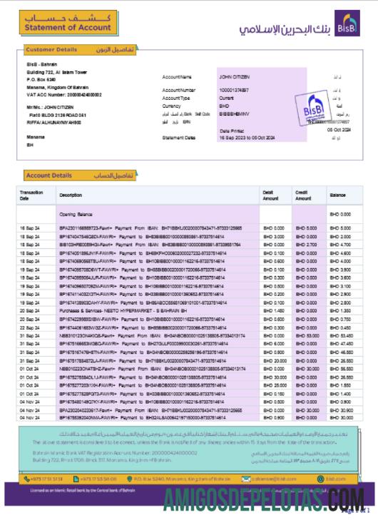 Modelo realista de extrato bancário BISB do Bahrein Word e PDF